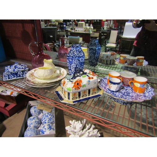 4331 - Assorted items including Keeling & Co Ltd. cheese dish, cranberry glass jug (no stopper), Belleek po... 