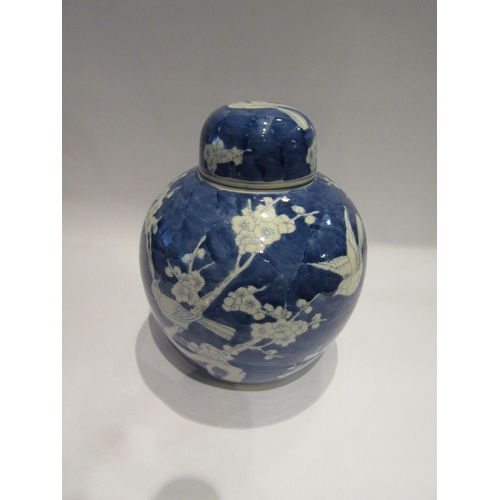 4352 - A blue and white ginger jar and cover decorated with birds and prunus, 26cm tall