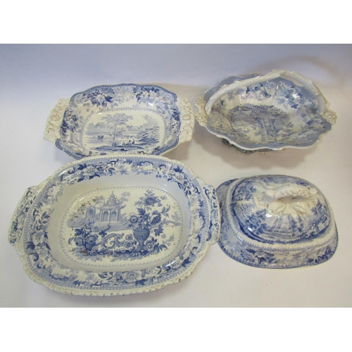 4154 - Two blue and white pattern dishes, one with lid, and another pot pouri with root style handle (3)