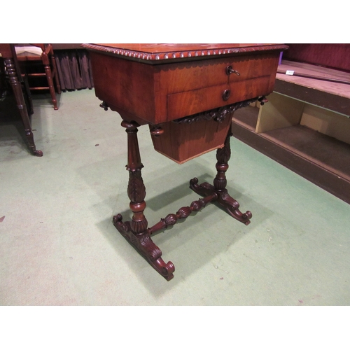 4005 - Circa 1840, a flame mahogany sewing table the internal mirror rising lid with key and fitted interio... 