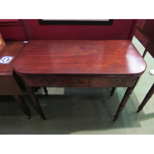 4076 - A circa 1800 late George III inlaid flame mahogany side/tea table the D-shape fold-over hinged top o... 