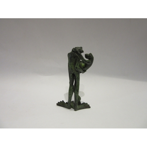 4268 - A pair of verdigris bronze frogs in loving embrace by D.Meredith, 12cm tall