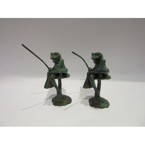 4355 - A pair of verdigris bronze frogs fishing by D.Meredith, 12cm tall