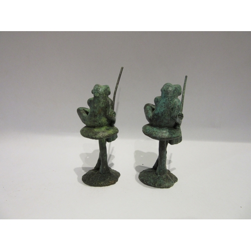 4355 - A pair of verdigris bronze frogs fishing by D.Meredith, 12cm tall