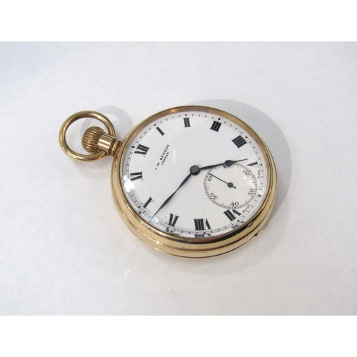 8132 - A 9ct gold cased J.W. Benson of London open-faced pocket watch, white enamel dial with Roman numeral... 