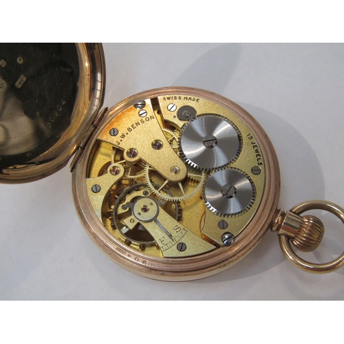 8132 - A 9ct gold cased J.W. Benson of London open-faced pocket watch, white enamel dial with Roman numeral... 