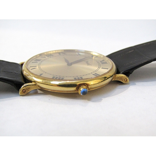 8144 - PIAGET: An 18ct gold thin cased Piaget wristwatch on Piaget reptile leather strap, champagne Roman n... 