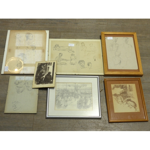 6062 - HENRY HOLZER (1907-2007) A collection of framed and glazed figural sketches etc including a watercol... 