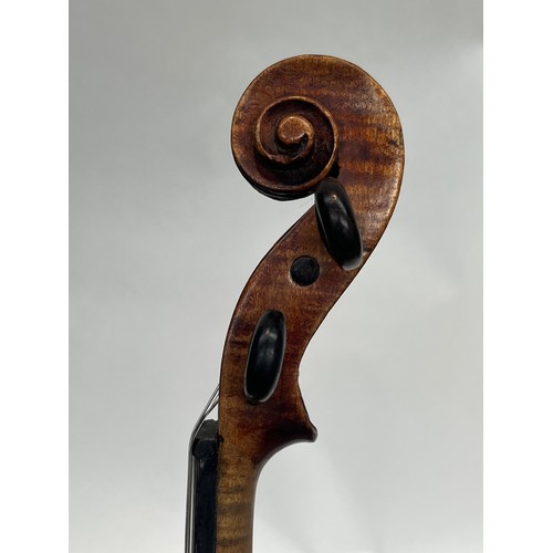 5051 - A German full size (4/4) violin marked 'Hopf' to back, sound post loose, two-piece figured back, cas... 