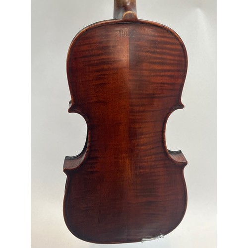 5051 - A German full size (4/4) violin marked 'Hopf' to back, sound post loose, two-piece figured back, cas... 