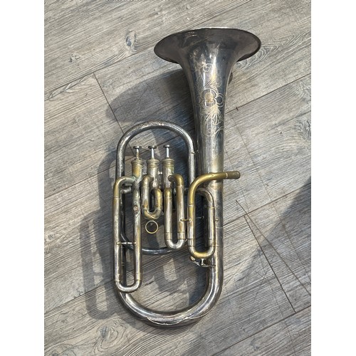 5058 - Two plated tenor horns and a brass baritone, all for spares