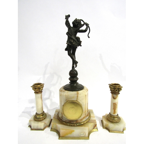 8059 - A French marble and gilt metal mantel timepiece, the marble pedestal base with white enamel Arabic n... 