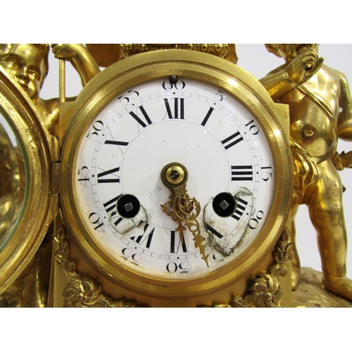 8060 - A 19th Century French ormolu/gilt metal mantel clock, the white enamel Roman numeral dial with outer... 