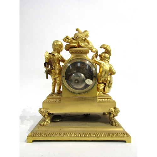 8060 - A 19th Century French ormolu/gilt metal mantel clock, the white enamel Roman numeral dial with outer... 