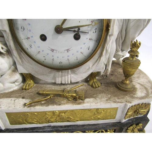 8044 - A 19th Century French ormolu/gilt metal and biscuit porcelain mantel clock on a slate base, the base... 