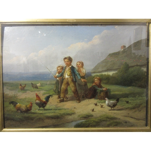 6027 - ROBERT FAUELLE (1820-1886) ' children with chickens' oil on board, signed lower left. 25cm x 35cm