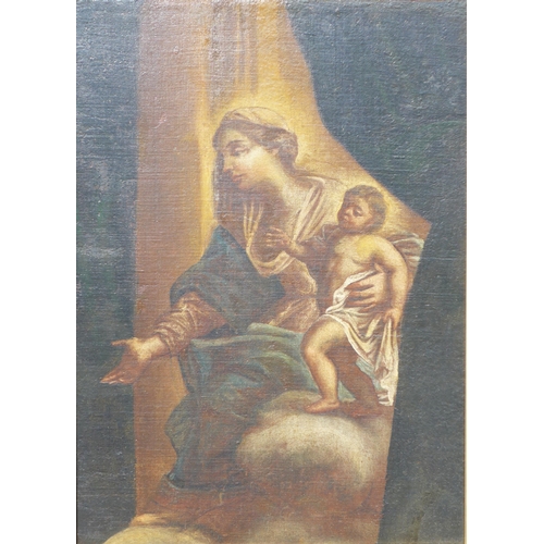 6033 - An Italian oil on canvas of Madonna and child, 56cm x 40cm, relined, gilt framed (frame a/f)