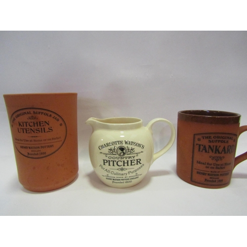 1180 - A Henry Watson pottery tankard and kitchen utensils pot, Charlotte Watson's Pitcher, etc (7)