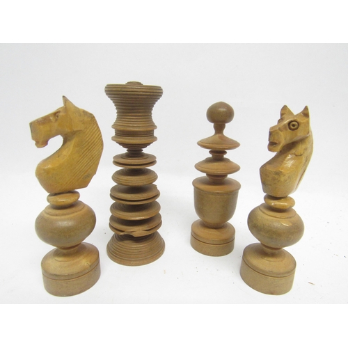 1365 - A mid-20th Century Old St. George pattern carved wooden set of chess pieces, one king replaced, tall... 