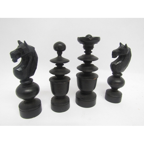 1365 - A mid-20th Century Old St. George pattern carved wooden set of chess pieces, one king replaced, tall... 