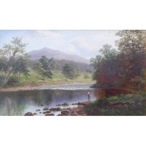 6007 - WILLIAM MELLOR (1851-1931) An oil on canvas depicting a lone fisherman on riverbank with mountain in... 