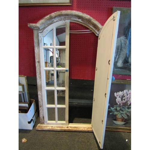 1076 - An oak framed opening wall mirror as a window painted white, 122cm tall x 72cm wide