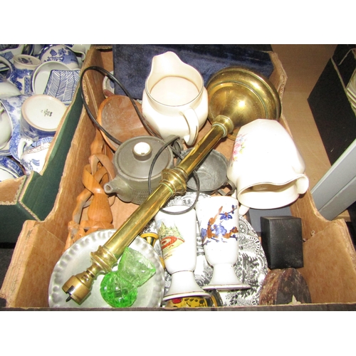 1161 - A box of assorted including ceramics, a brass table lamp base and treen