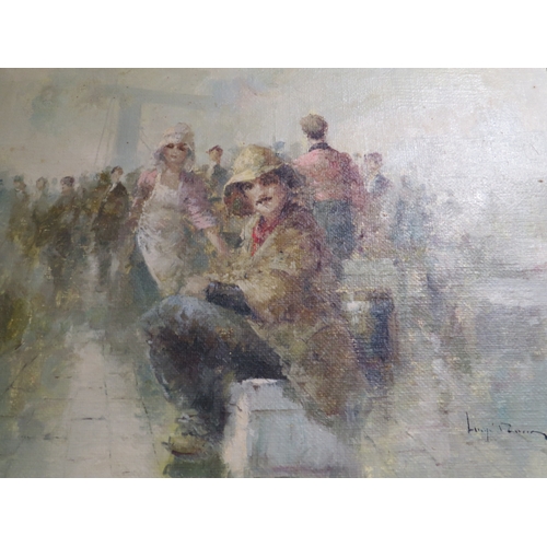 1005 - A 20th Century oil on canvas depicting an explorer in pith helmet waiting at a busy harbour, signed,... 