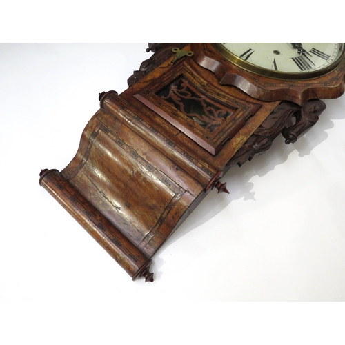 8014 - A Victorian walnut and parquetry inlaid drop-dial wall clock, the 12