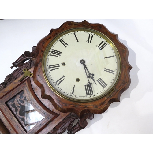 8014 - A Victorian walnut and parquetry inlaid drop-dial wall clock, the 12