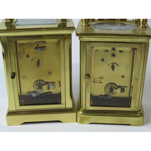 8107 - Two brass cased carriage timepieces, one with movement stamped with Duverdrey & Bloquel lion mark an... 