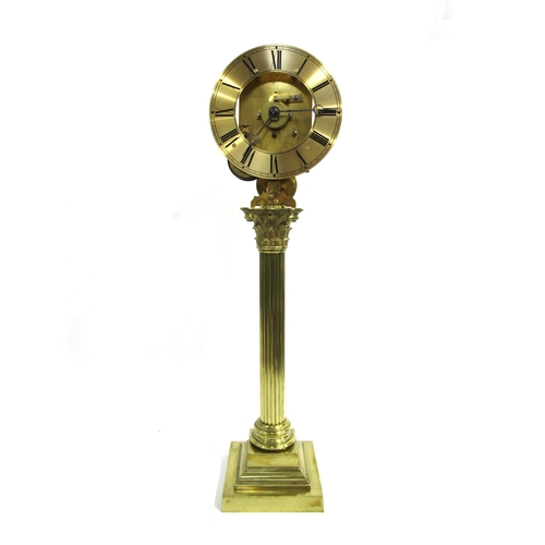 8030 - A brass column form skeleton clock, with Roman numeral chapter ring on a single fusee movement, with... 