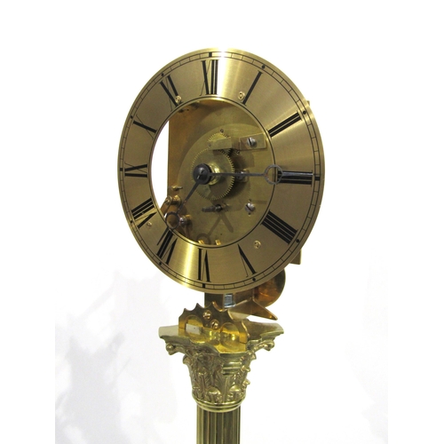 8030 - A brass column form skeleton clock, with Roman numeral chapter ring on a single fusee movement, with... 