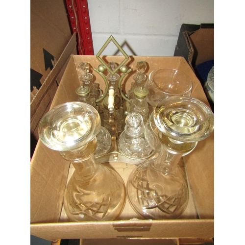 1228 - Two boxes of mixed items including brewery water jugs, column form candlesticks, plated cruets, oil ... 