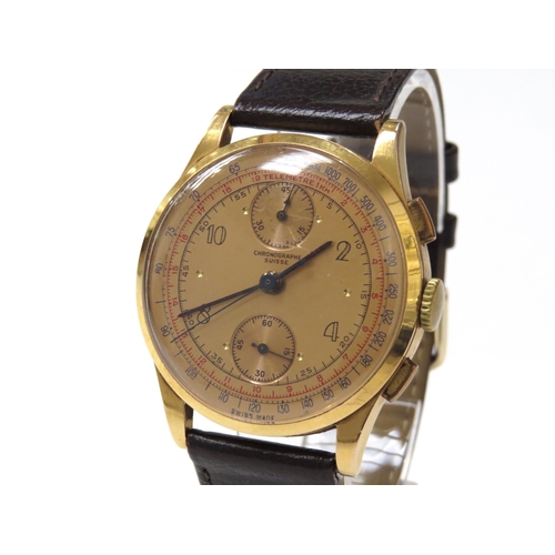 8162 - An 18ct gold cased chronograph wristwatch on leather strap, the gold coloured dial with Arabic numer... 