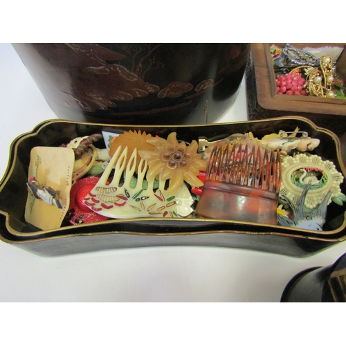 1302 - Three decorative boxes containing costume jewellery and similar novelties together with two Japanese... 