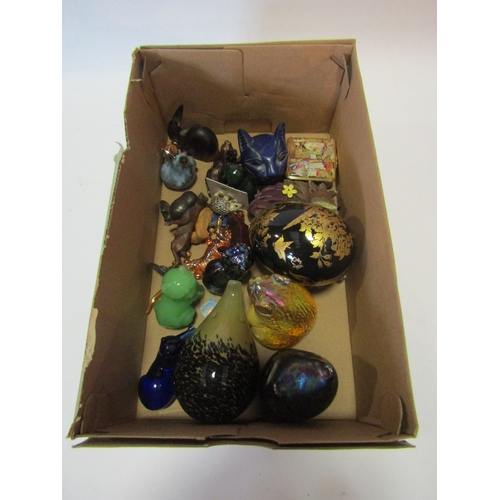 1396 - Three small boxes of animal figures; Beswick 'Felix', Halcyon Days enamel boxes, paperweights, etc.