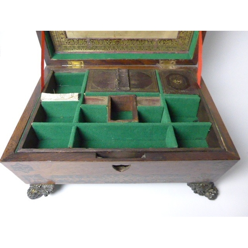 1125 - A Regency rosewood boulle work sewing box with fitted compartmented interior, leather covers and eng... 