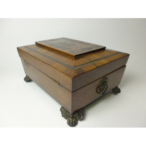 1125 - A Regency rosewood boulle work sewing box with fitted compartmented interior, leather covers and eng... 