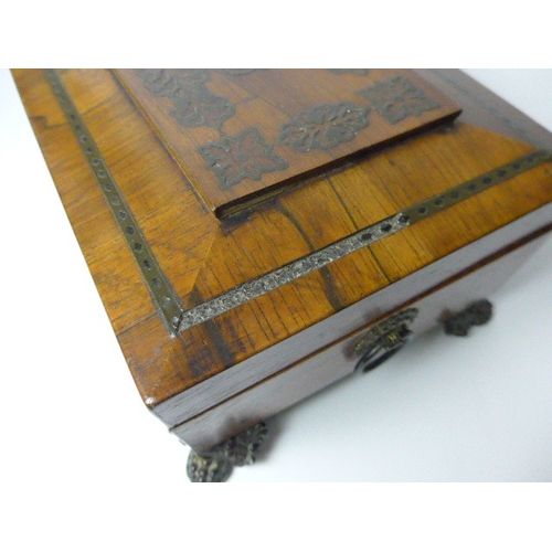 1125 - A Regency rosewood boulle work sewing box with fitted compartmented interior, leather covers and eng... 