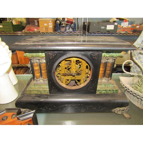 1522 - A faux slate mantel clock (a/f) together with an oak example and wall hanging example (3)