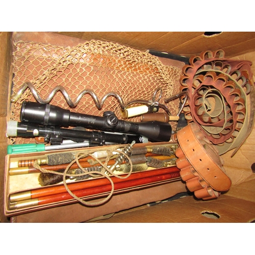 1551 - A box of misc. including two gun slips, three 12 bore cartridge belts, two cleaning kits, game bag, ... 