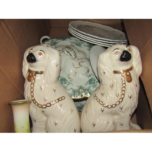 1559 - Two boxes of mixed items; Staffordshire dogs, Royal Doulton 