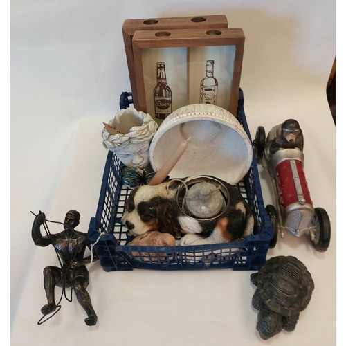 1470 - A box of miscellaneous to include resin dog driving car, resin tortoise planter in the form of a hea... 