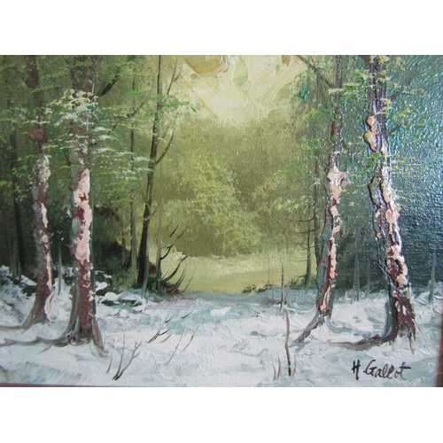 1063 - A gilt framed oil on canvas depicting winter woodland scene, signed H Gallot, 19cm x 24cm image size