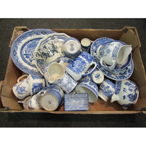 1162 - A box of blue and white wares including Spode, Alfred Meakin etc.