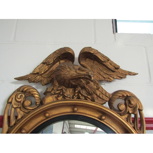 1438 - A Regency style gilt convex wall mirror, surmounted with carved wooden eagle, 100cm tall x 60cm wide