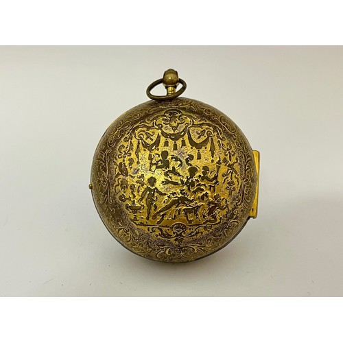 5219 - ANDRE HORY A PARIS: An early 18th Century French oignon pocket watch, double hinged gilt metal case.... 