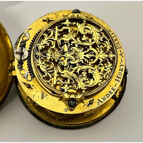 5219 - ANDRE HORY A PARIS: An early 18th Century French oignon pocket watch, double hinged gilt metal case.... 