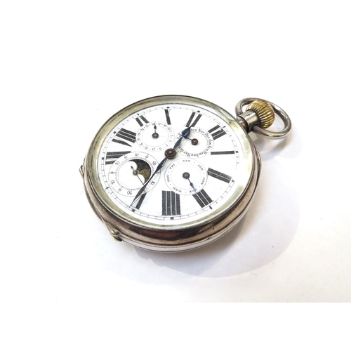 8124 - A silver cased goliath pocket watch with full calendar and moonphase subsidiary dials, includes a di... 